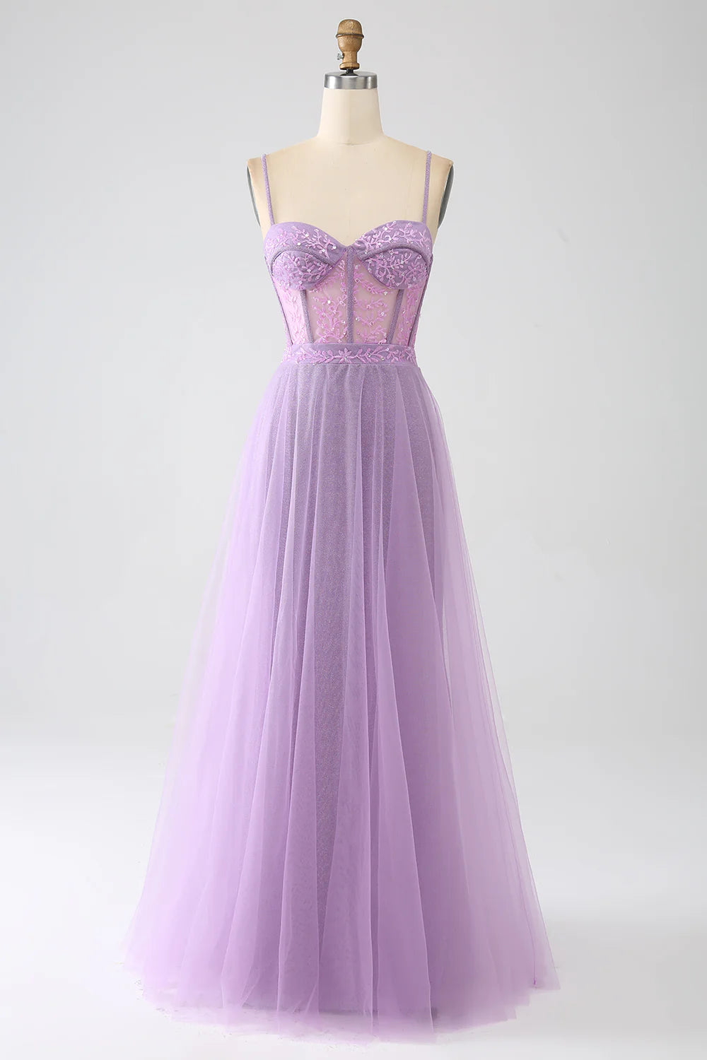 DingJiDress A-Line Lilac Spaghetti Straps Long Corset Prom Dress