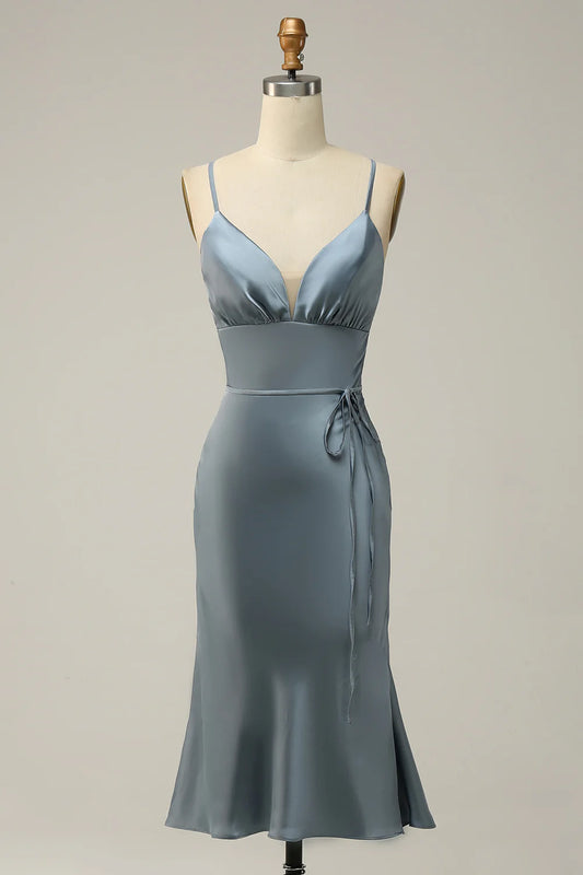 DingJiDress Mermaid Halter Satin Open Back Midi Bridesmaid Dress
