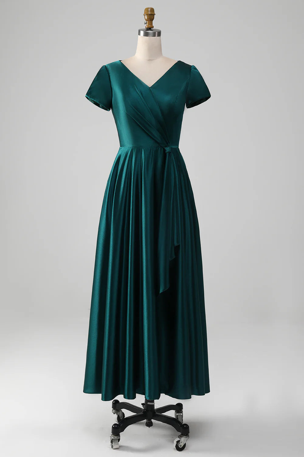 DingJiDress Elegant Bridesmaid Dresses Peacock A-Line Tea-Length Satin Mother of the Bride Dress With Cascading Ruffles Fall Wedding Guest Dress November
