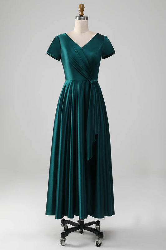 DingJiDress Elegant Bridesmaid Dresses Peacock A-Line Tea-Length Satin Mother of the Bride Dress With Cascading Ruffles Fall Wedding Guest Dress November