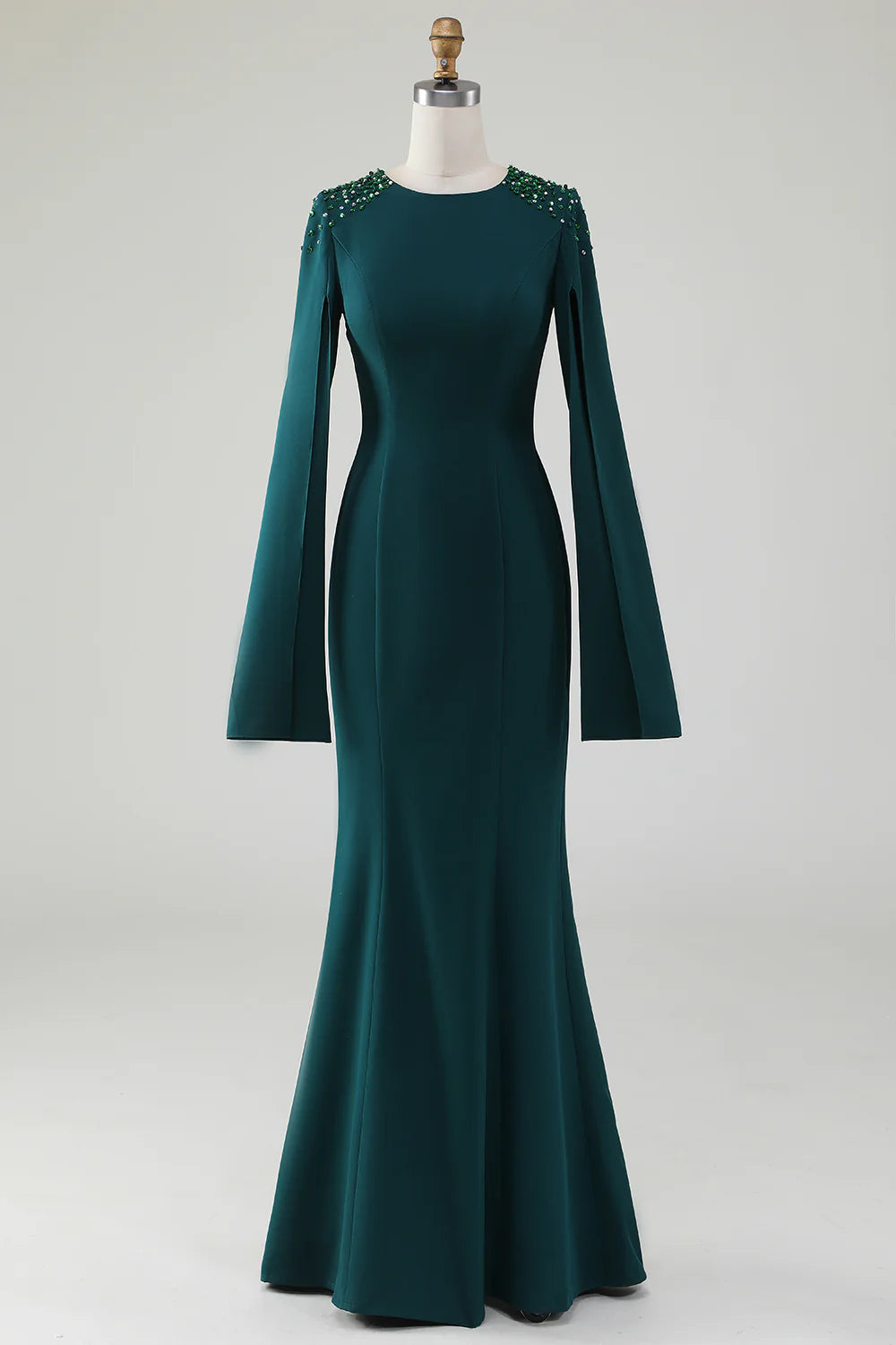 DingJiDress Elegant Dark Green Mermaid Round Neck Mother Of Bride Dress With Beaded Cape Sleeves Fall Wedding Guest Dress November