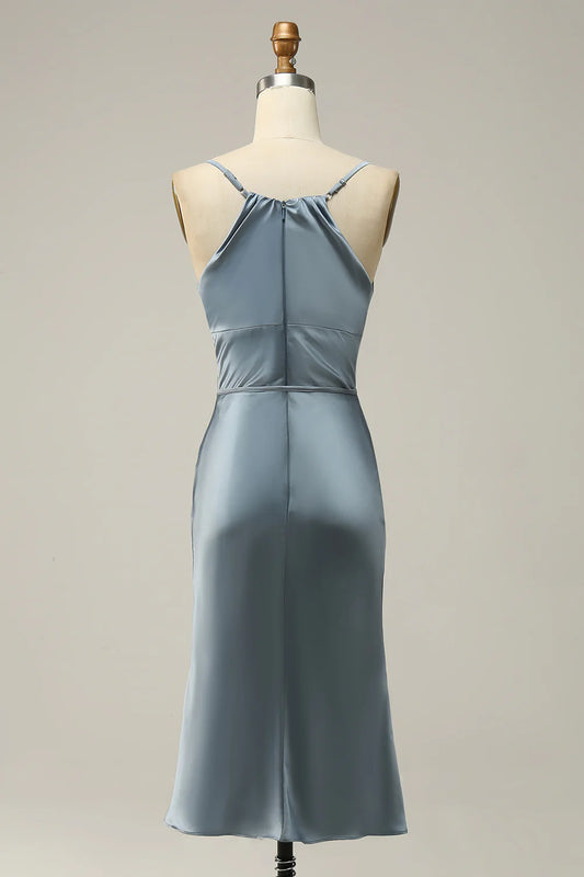 DingJiDress Mermaid Halter Satin Open Back Midi Bridesmaid Dress