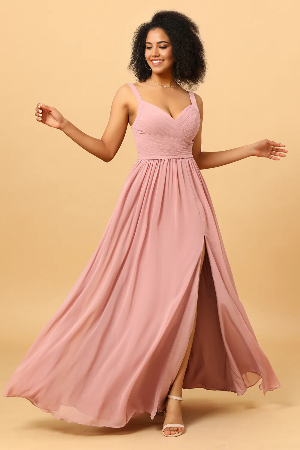 DingJiDress Elegant Long Chiffon Blush Bridesmaid Dress with Slit