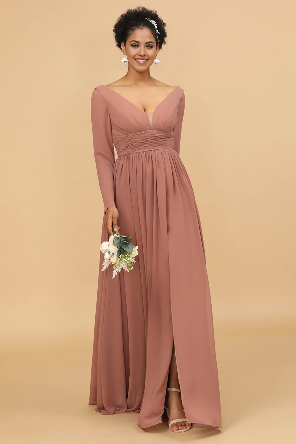 DingJiDress Elegant V-Neck Long Sleeves Chiffon Blush Bridesmaid Dress with Slit