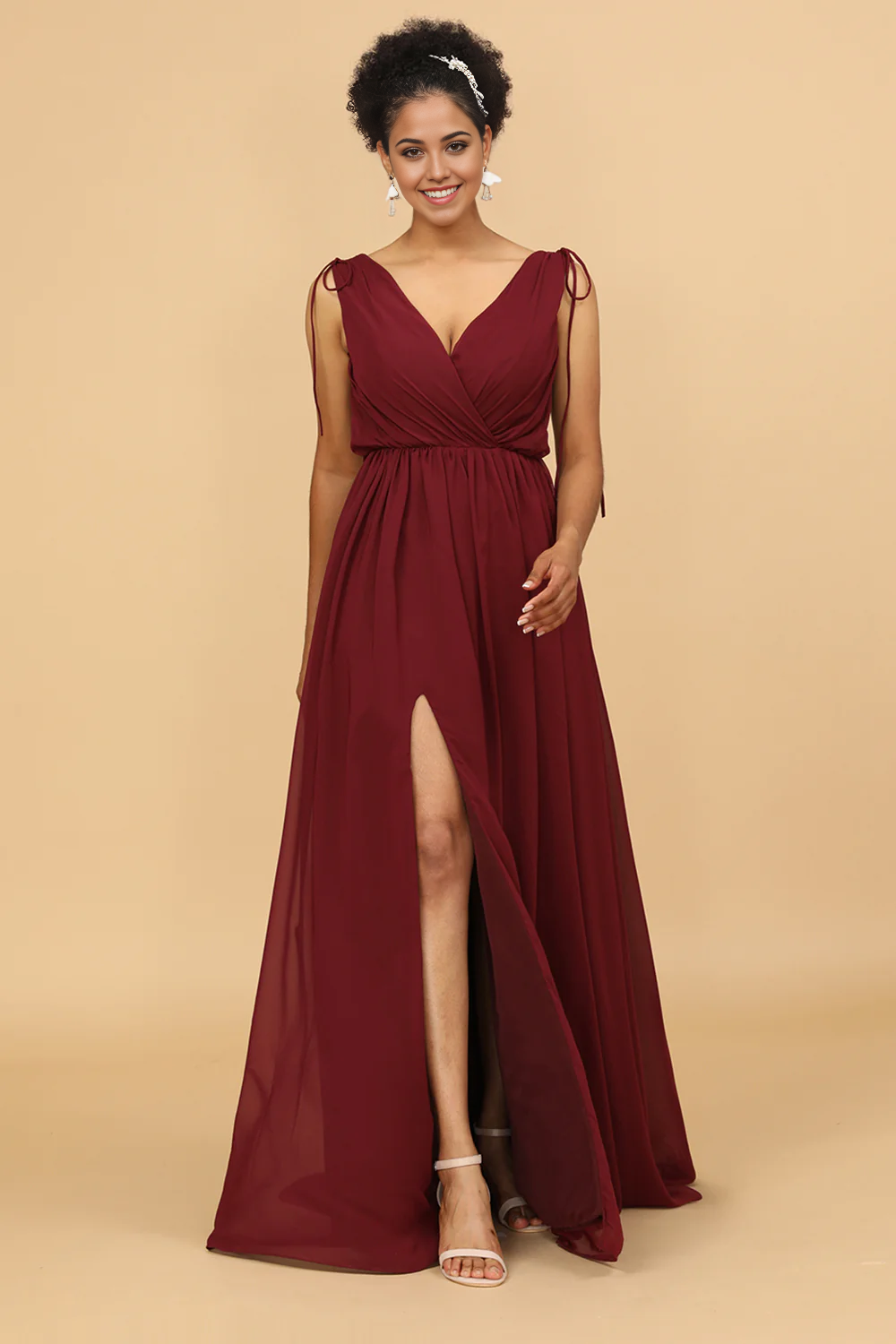 DingJiDress Wedding Guest Dresses Burgundy V-Neck Ruched Long Chiffon Bridesmaid Dress