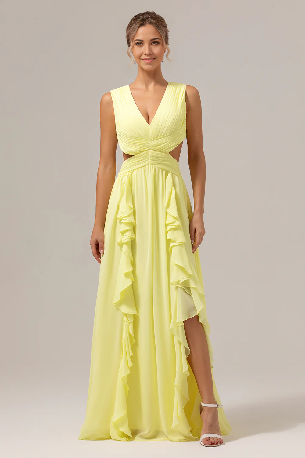 DingJiDress Lemon Yellow A Line Long Bridesmaid Dress V Neck Hollow Wedding Guest Dresses Out Ruffle Pleated with Slit