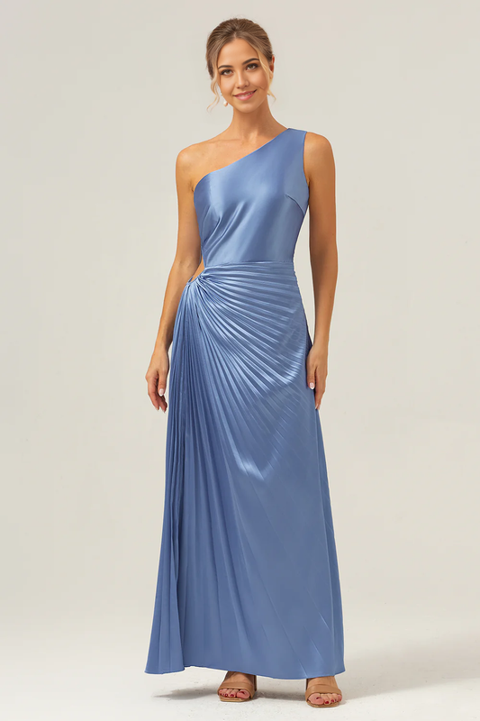 DingJiDress Sheath One Shoulder Long Blue Bridesmaid Dress Pleated Keyhole Satin Wedding Guest Dresses