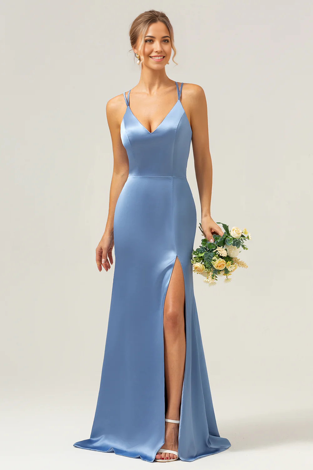 DingJiDress Elegant Mermaid Spaghetti Straps Long Satin Blue Bridesmaid Dress with Slit