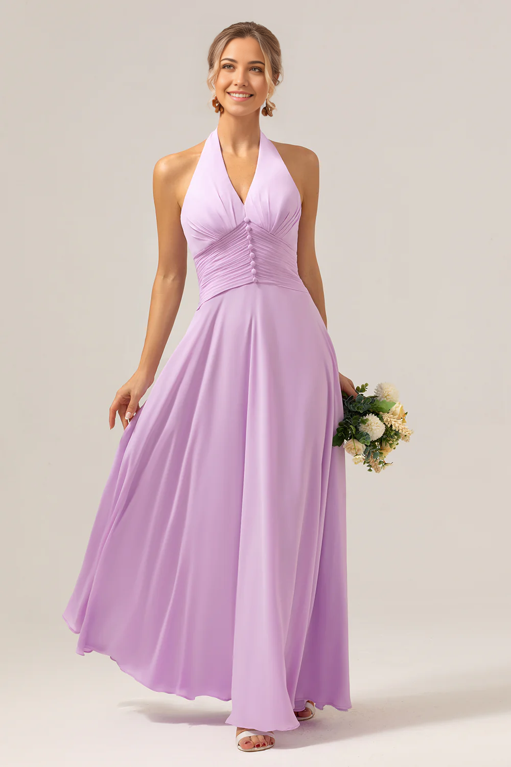DingJiDress Elegant A Line Halter Backless Pleated Chiffon Long Purple Bridesmaid Dress With Buckle