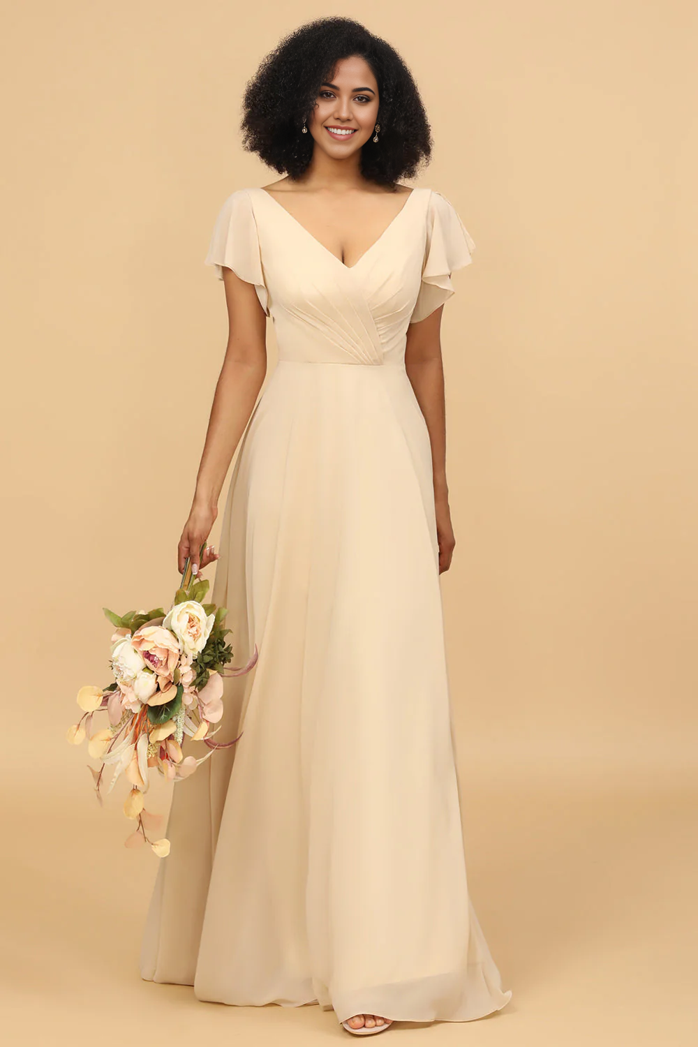DingJiDress Champagne Wedding Guest Dresses A Line Long Chiffon Bridesmaid Dress with Cap Sleeves