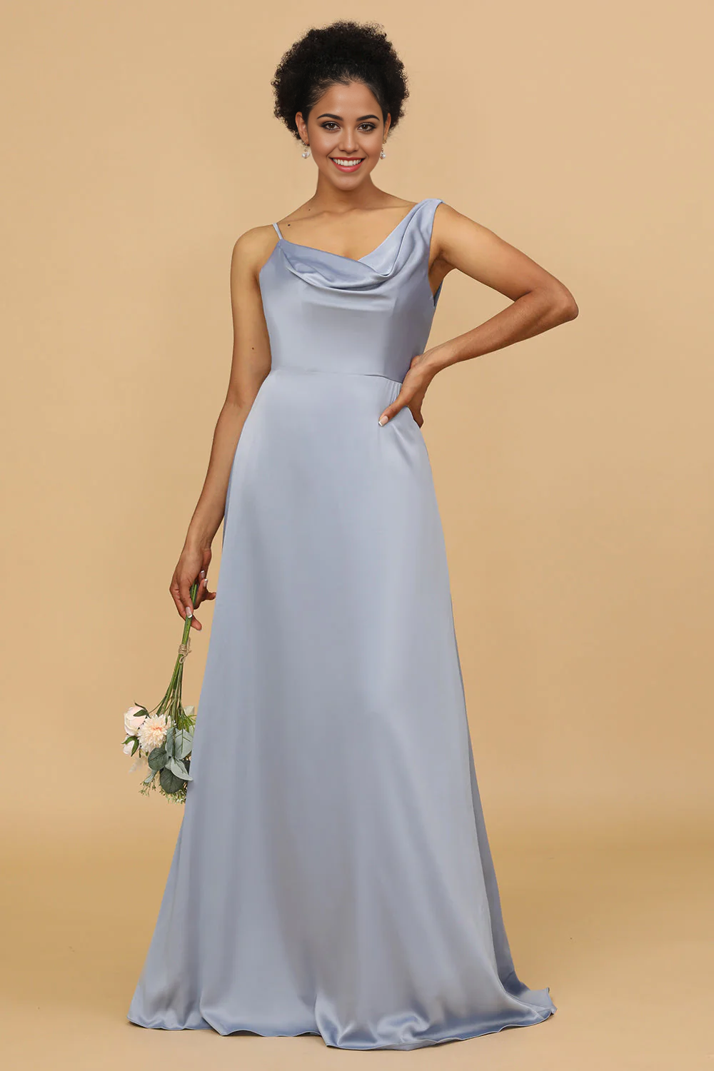 DingJiDress Grey Blue A Line Wedding Guest Dresses Asymmetrical Neck Satin Long Bridesmaid Dress