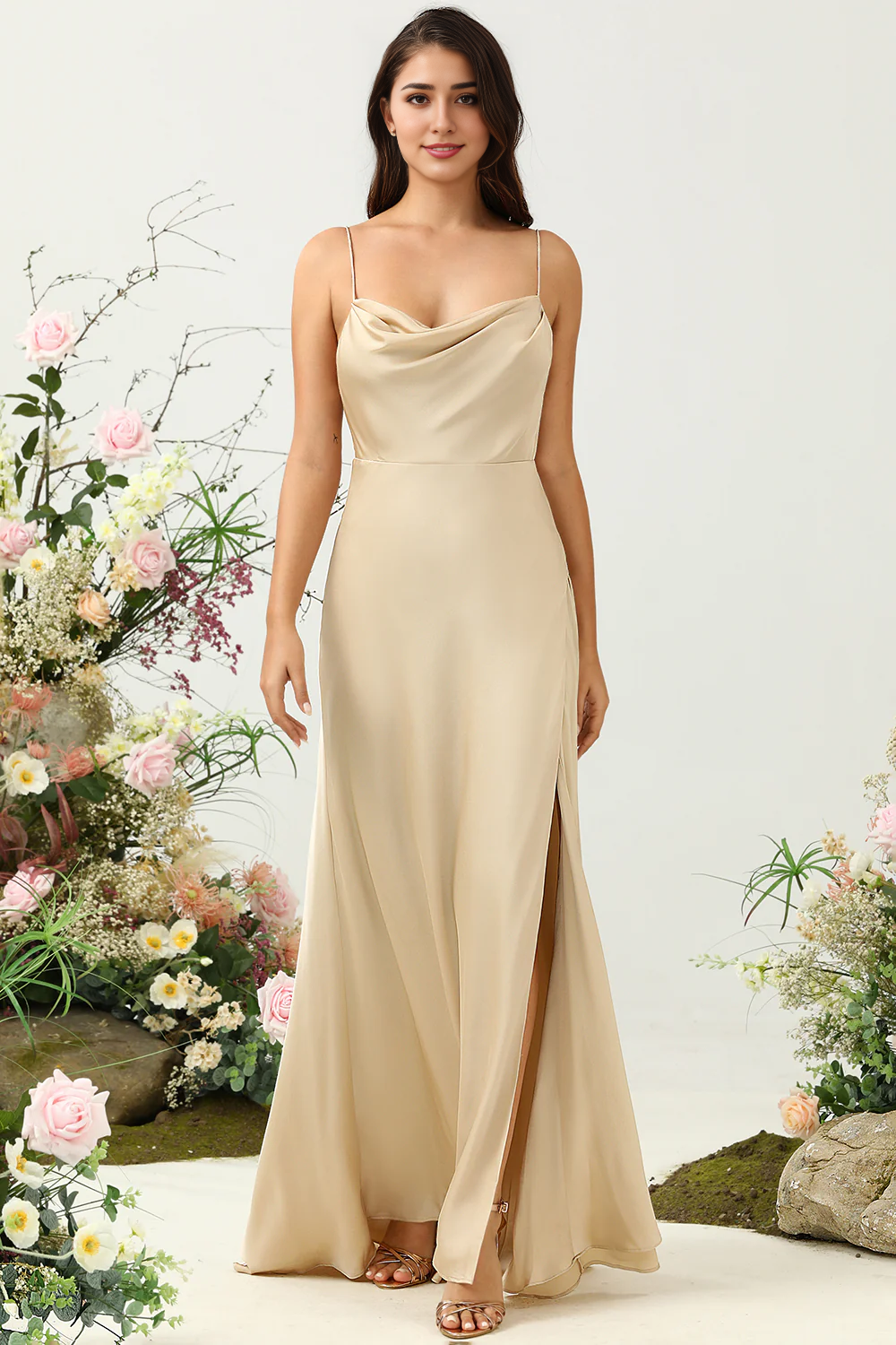 DingJiDress Champagne A Line Cowl Neck Spaghetti Straps Satin Bridesmaid Dress with Slit