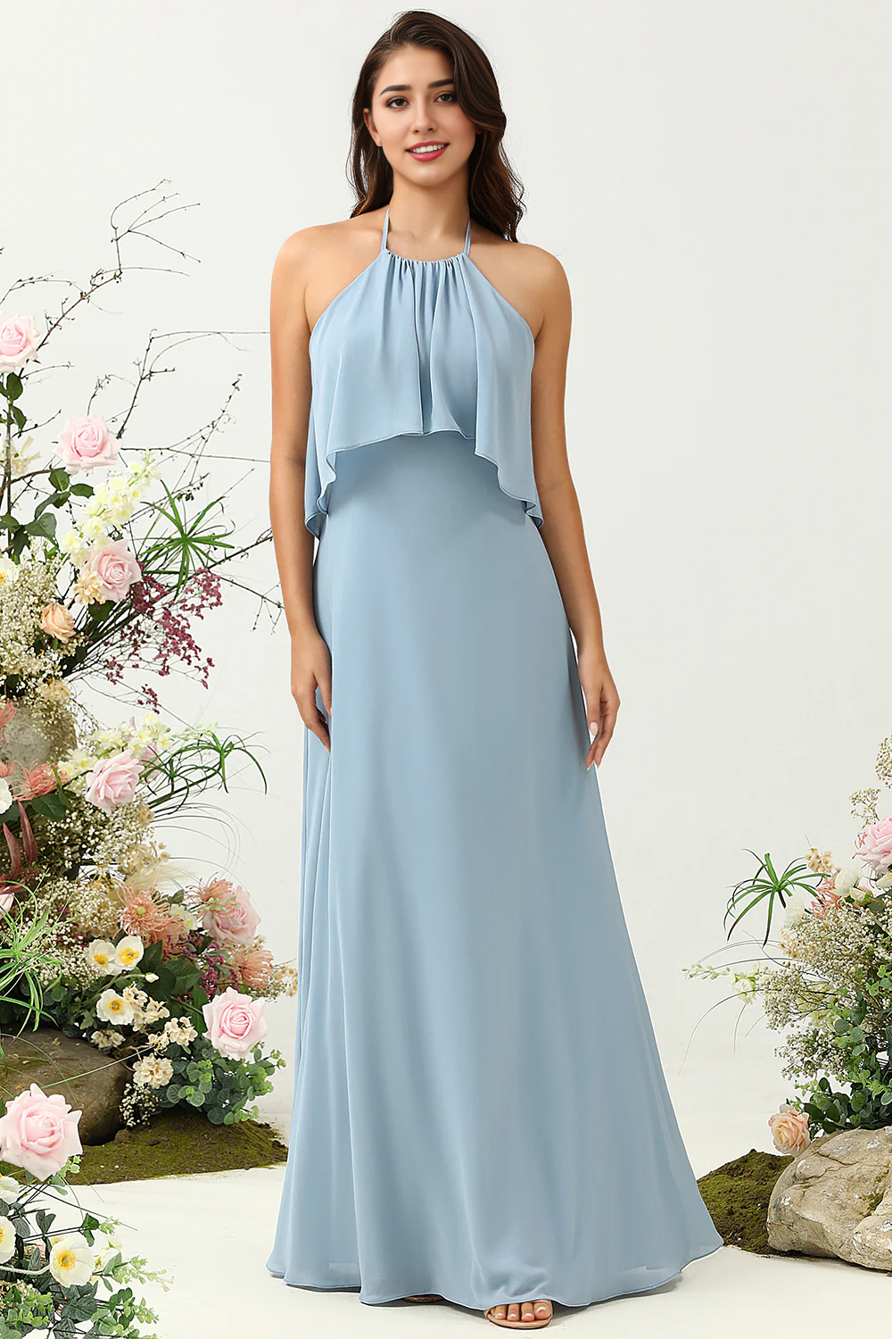 DingJiDress Elegant Mist A Line Halter 100D Chiffon Bridesmaid Dress with Ruffles