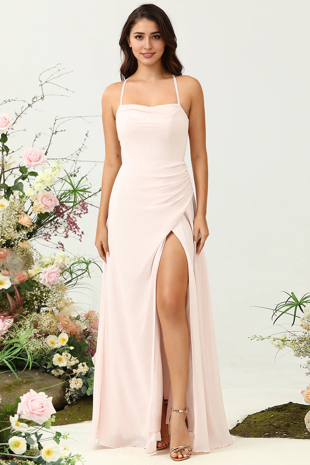 DingJiDress Pink A Line Spaghetti Straps Chiffon Bridesmaid Dress with Slit