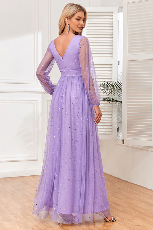 DingJiDress Lilac Prom Dresses A-Line Long Sleeves Long Formal Dress with Slit Wedding Guest Dresses