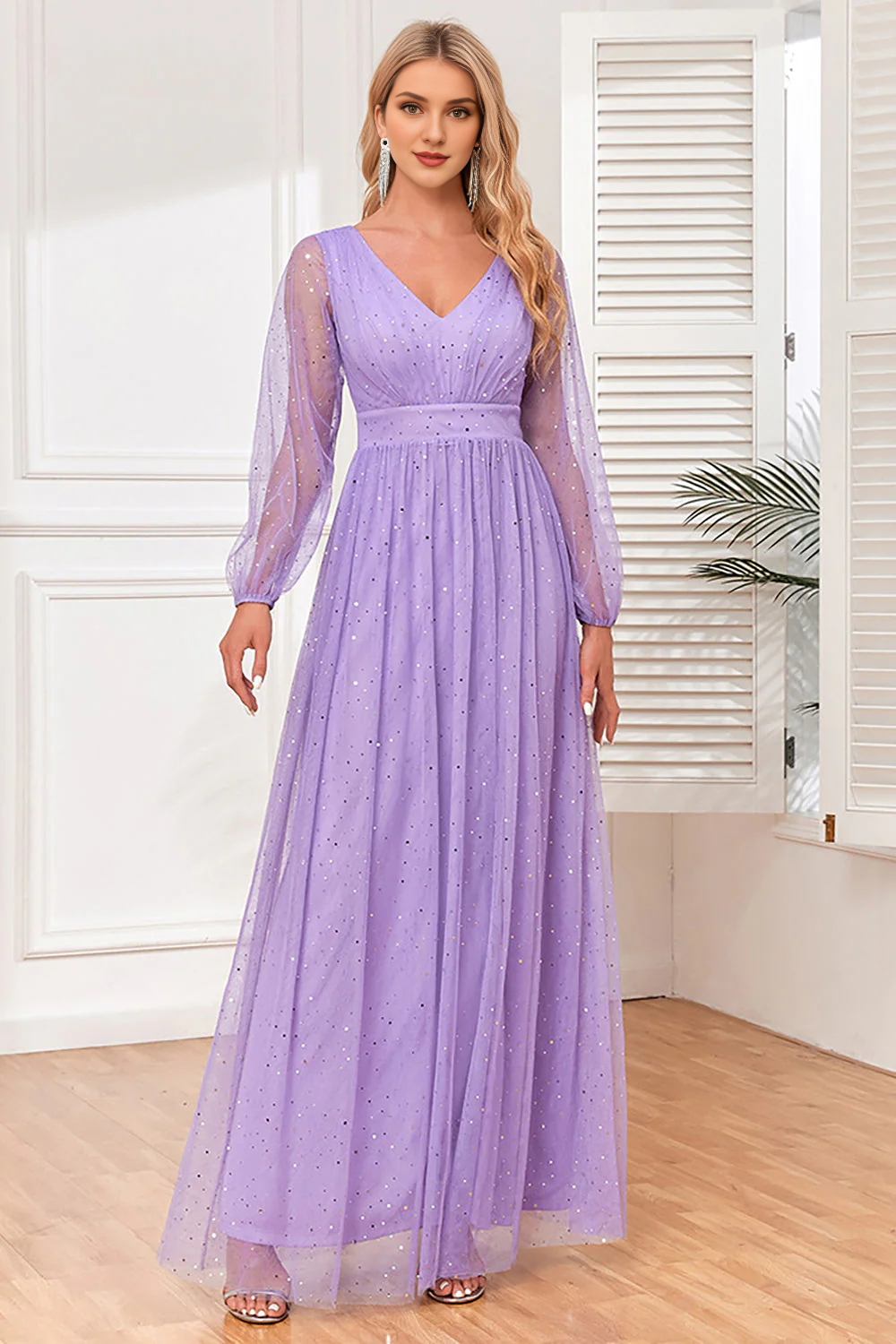 DingJiDress Lilac Prom Dresses A-Line Long Sleeves Long Formal Dress with Slit Wedding Guest Dresses