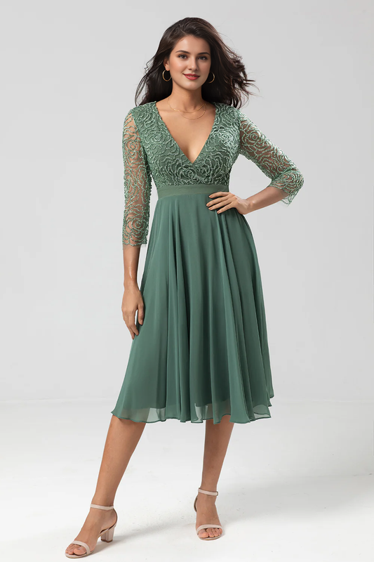 DingJiDress Elegant A Line Twilight Prom Dresses V-Neck Beaded Long Sleeves Embroidered Chiffon Eucalyptus Bridesmaid Dress