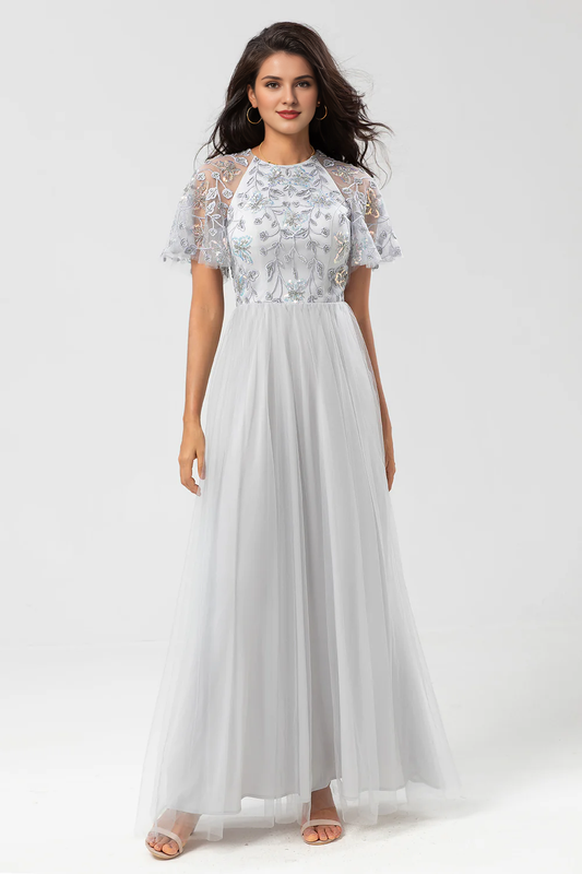 DingJiDress Elegant A-Line Prom Dresses Embroidered Tulle Twilight Bridesmaid Dress With Beading