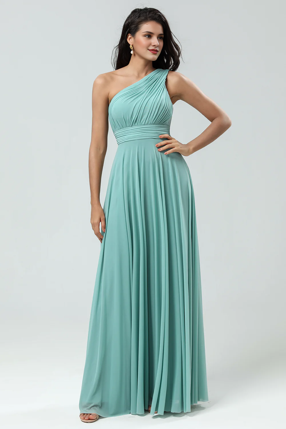 DingJiDress Elegant A-Line Prom Dresses One Shoulder Pleated Floor Length Bridesmaid Dress