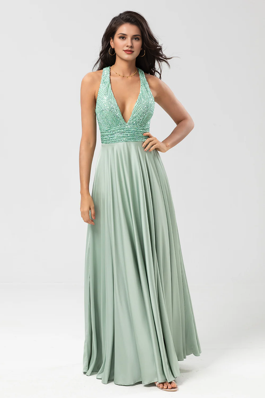 DingJiDress Elegant A Line Matcha Prom Dresses V-Neck Sequin Top Matcha Long Bridesmaid Dress with Beading