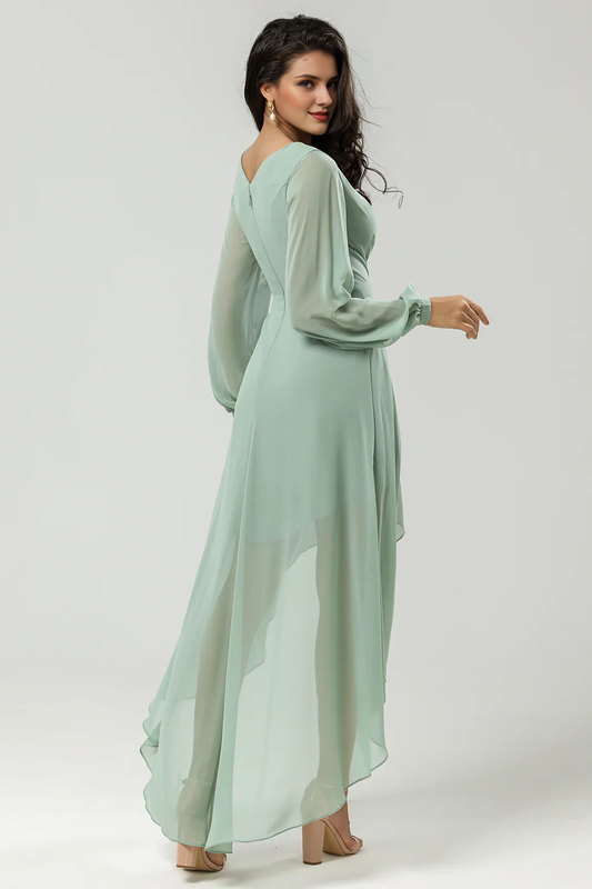 DingJiDress Elegant Matcha A Line Prom Dresses V Neck Chiffon Matcha Bridesmaid Dress With Long Sleeves