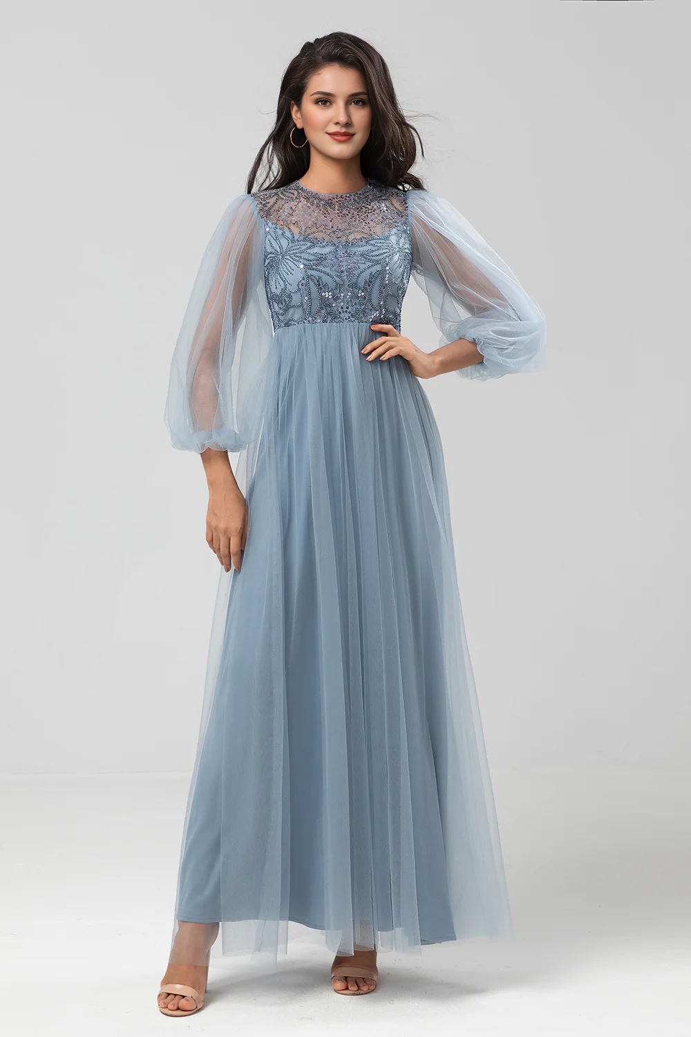 DingJiDress Elegant A-Line Prom Dresses Round Neck Tulle Beaded Bridesmaid Dress With Long Sleeves