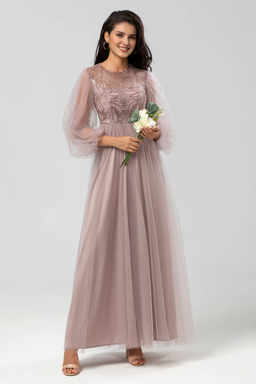 DingJiDress Elegant A-Line Prom Dresses Round Neck Tulle Beaded Bridesmaid Dress With Long Sleeves