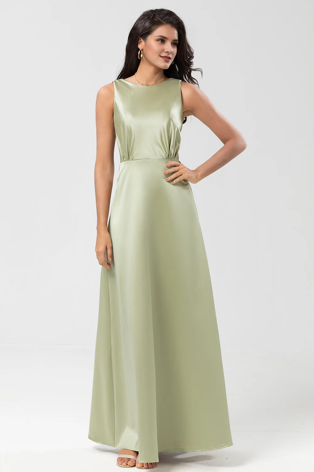 DingJiDress Elegant Dusty Sage A Line Prom Dresses Floor-Length Satin Bridesmaid Dress