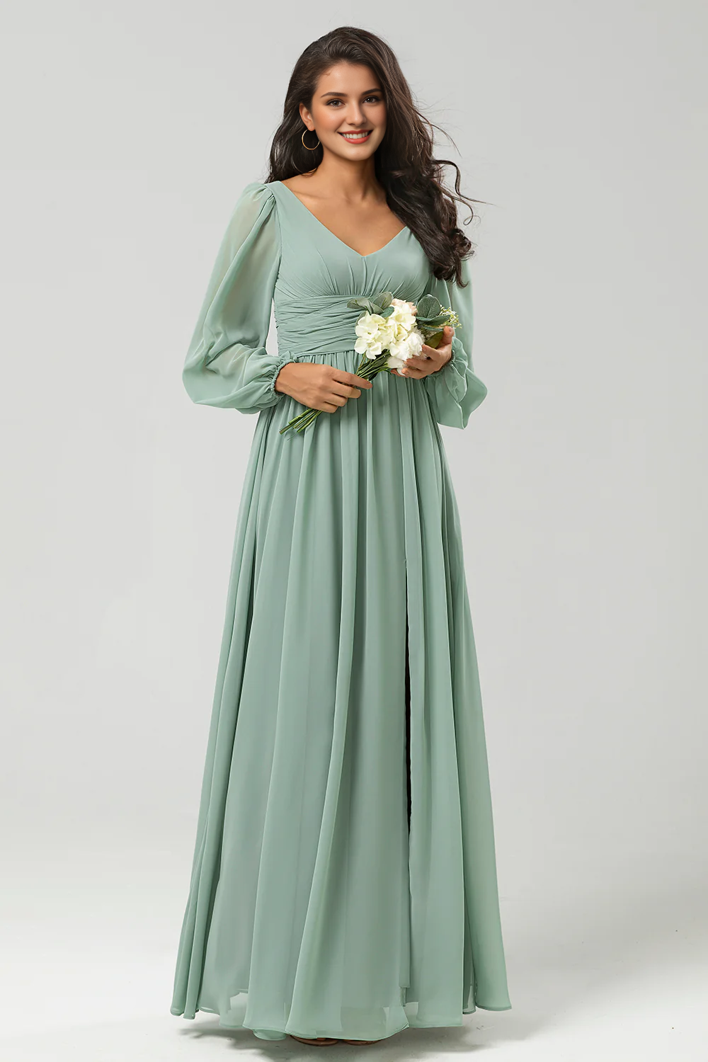 DingJiDress Matcha Elegant A Line Prom Dresses Ruched Chiffon Floor-Length Bridesmaid Dress with Slit