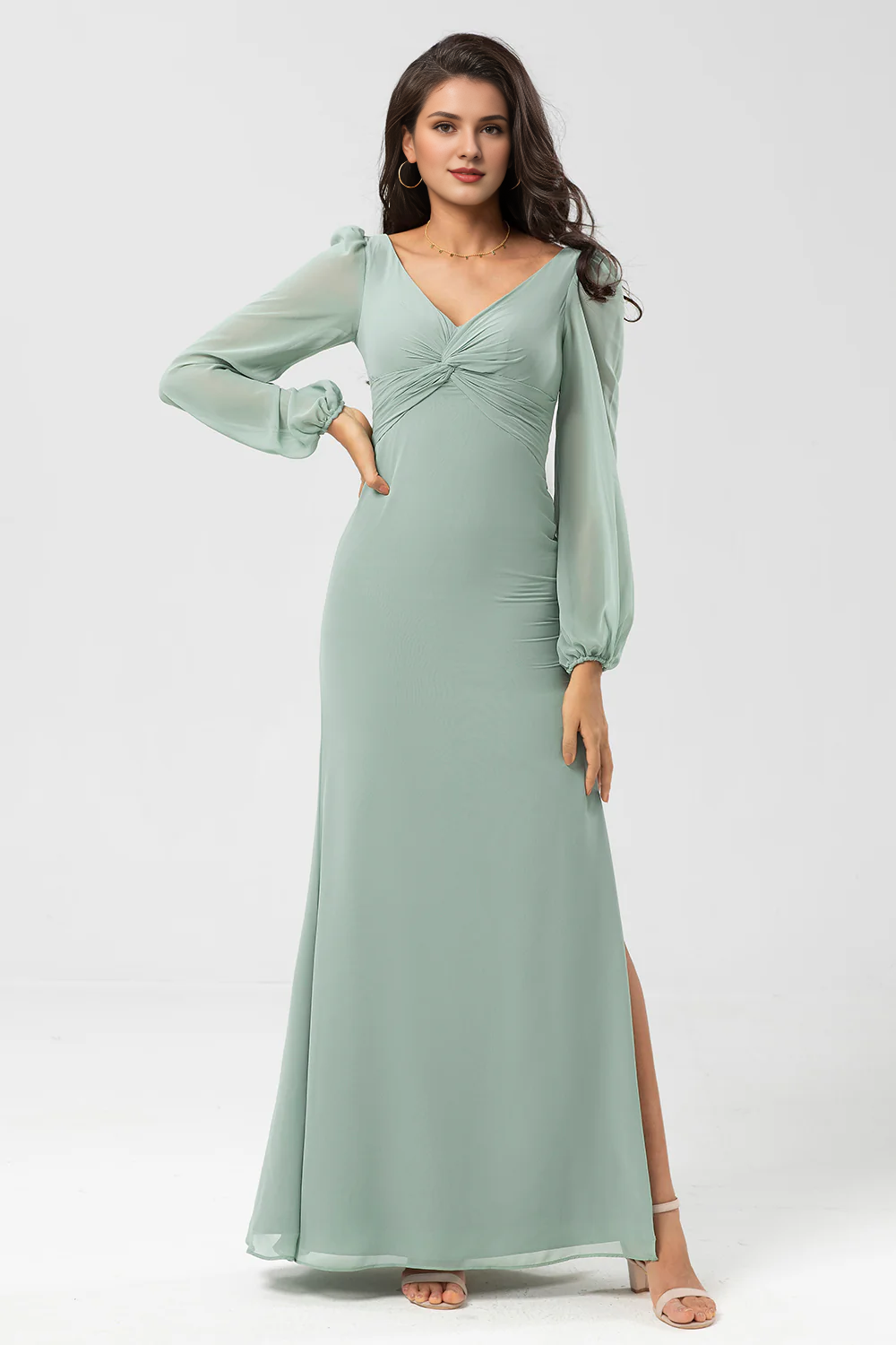 DingJiDress Matcha Sheath V Neck Prom Dresses Chiffon Knotted Long Bridesmaid Dress with Slit