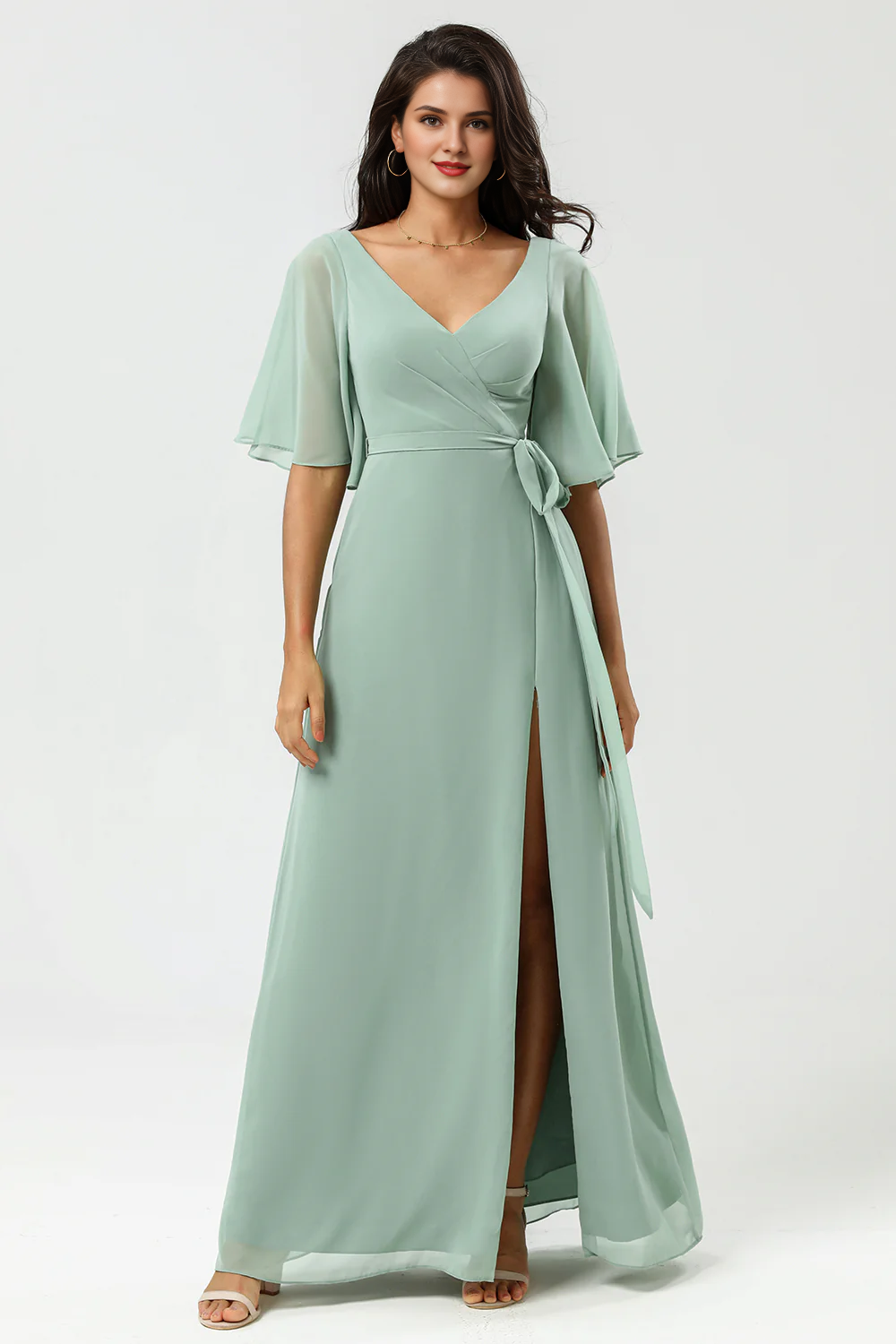 DingJiDress Elegant Prom Dresses A Line V Neck Long Chiffon Matcha Bridesmaid Dress with Slit
