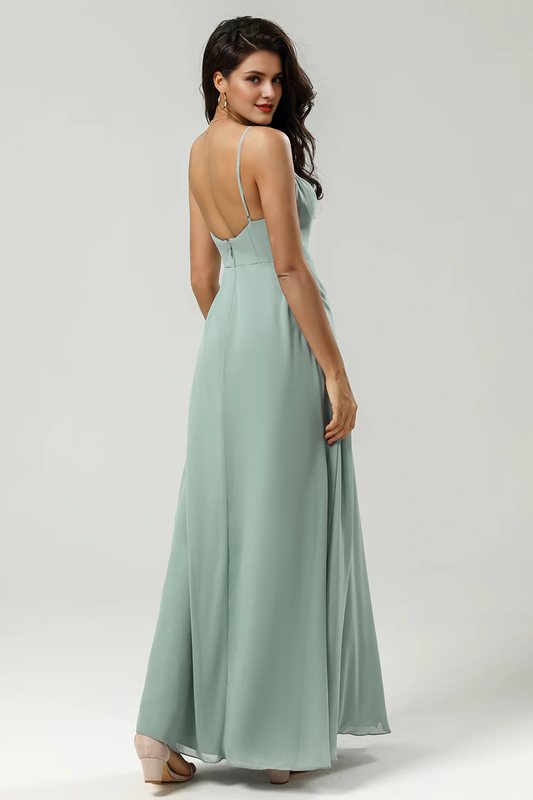 DingJiDress Elegant A Line Prom Dresses Spaghetti Straps V Neck Floor Length Chiffon Bridesmaid Dress with Slit