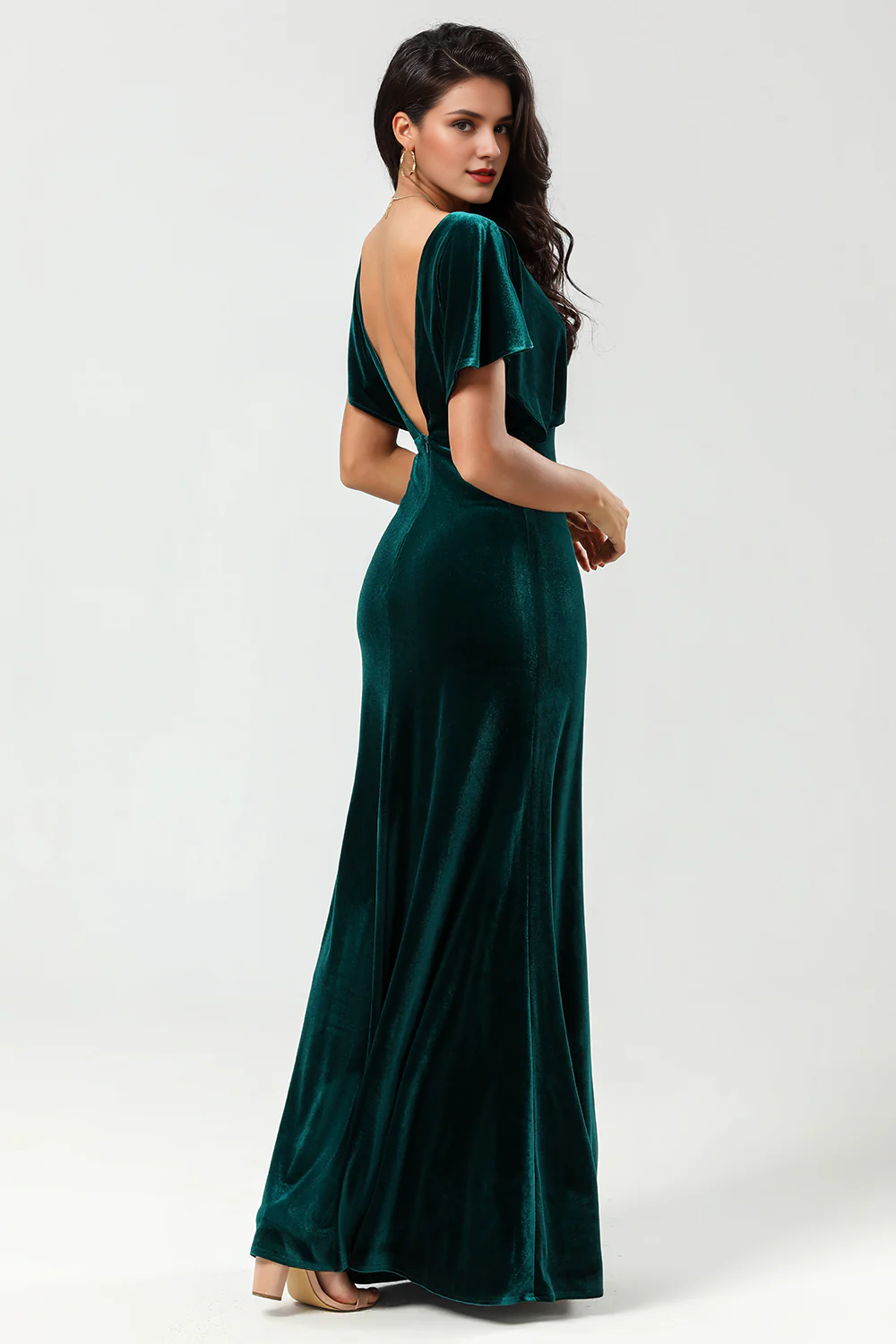 DingJiDress Elegant Prom Dresses Velvet V-Neck Peacock Bridesmaid Dress with Ruffles