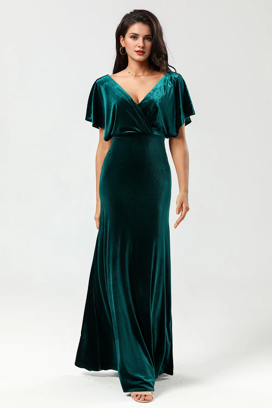 DingJiDress Elegant Prom Dresses Velvet V-Neck Peacock Bridesmaid Dress with Ruffles