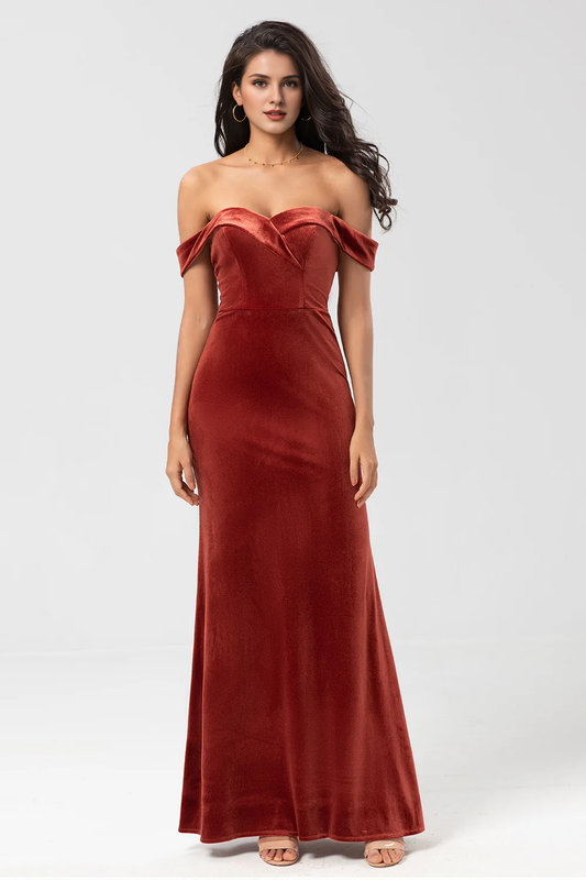 DingJiDress Elegant Prom Dresses Keeper of My Heart Mermaid Off the Shoulder Terracotta Velvet Bridesmaid Dress