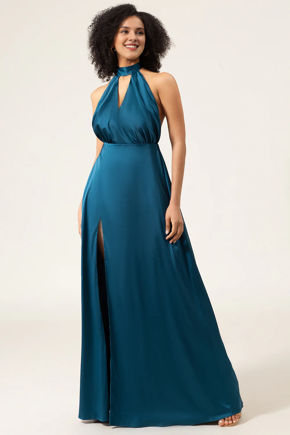 DingJiDress Elegant Peacock A-Line Prom Dresses Halter Neck Floor Length Bridesmaid Dress with Slit