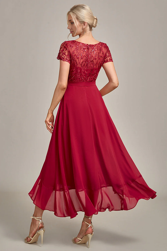 DingJiDress Elegant Sparkly Burgundy Asymmetrical Sequin Mother of Bride Dress with Appliques