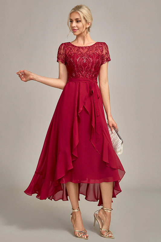 DingJiDress Elegant Sparkly Burgundy Asymmetrical Sequin Mother of Bride Dress with Appliques