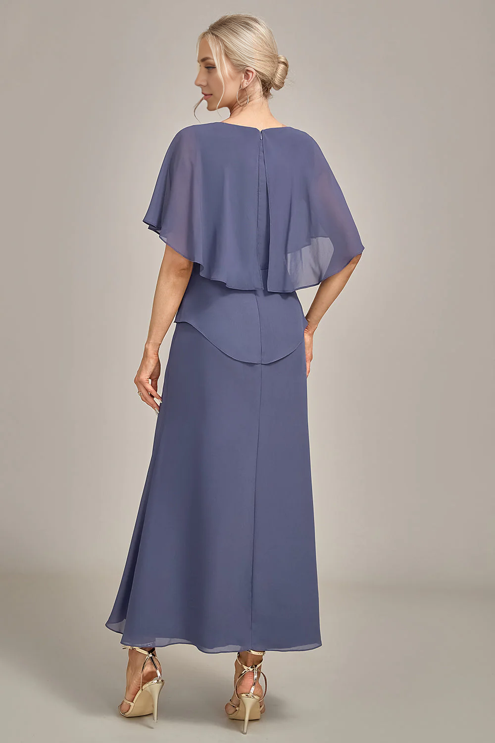 DingJiDress Elegant Stormy Sheath Scoop Tea-Length Chiffon Mother of the Bride Dress