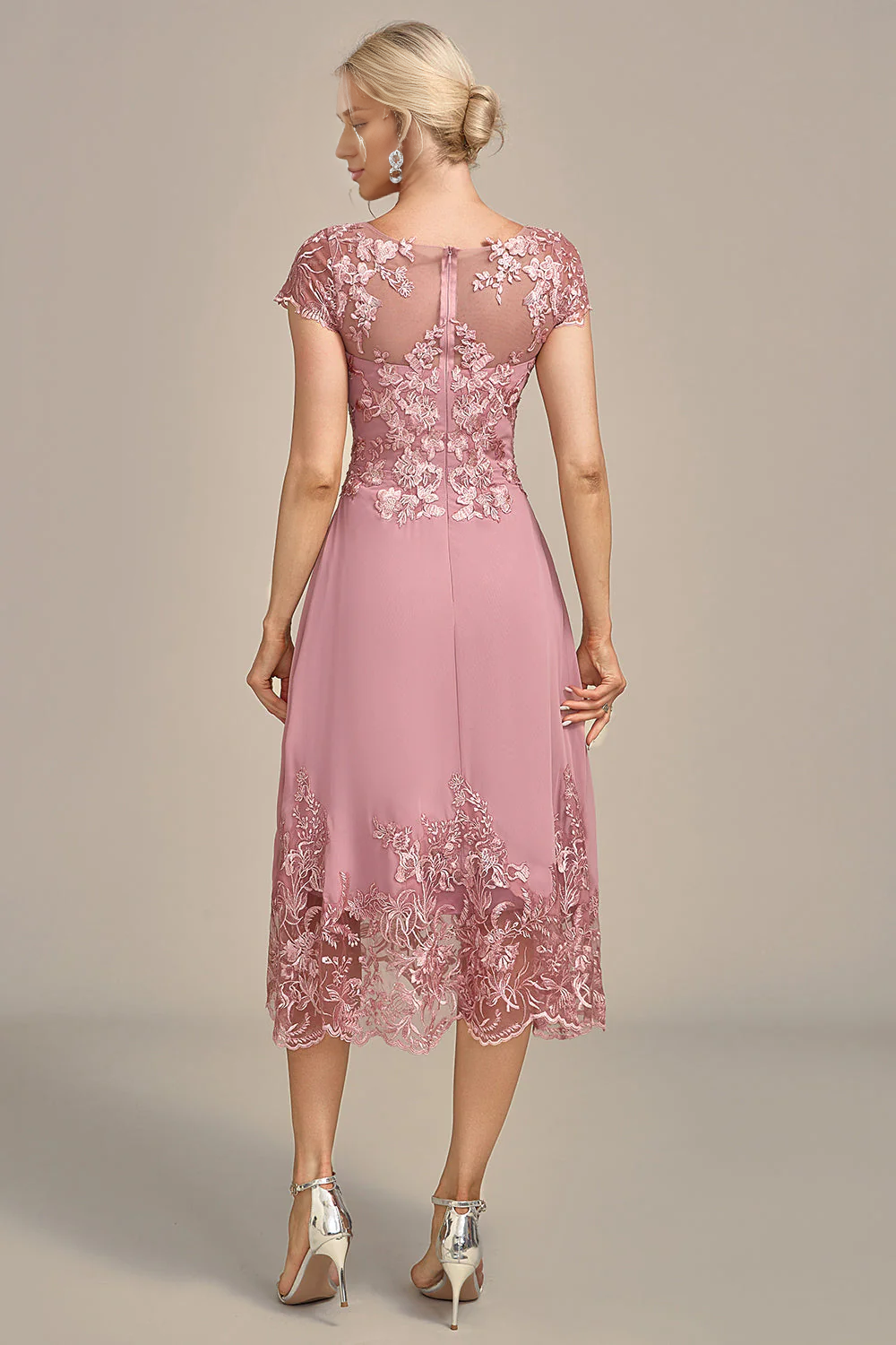 DingJiDress Fashion Dusty Rose A-Line Tea-Length Mother of the Bride Dress With Sequins