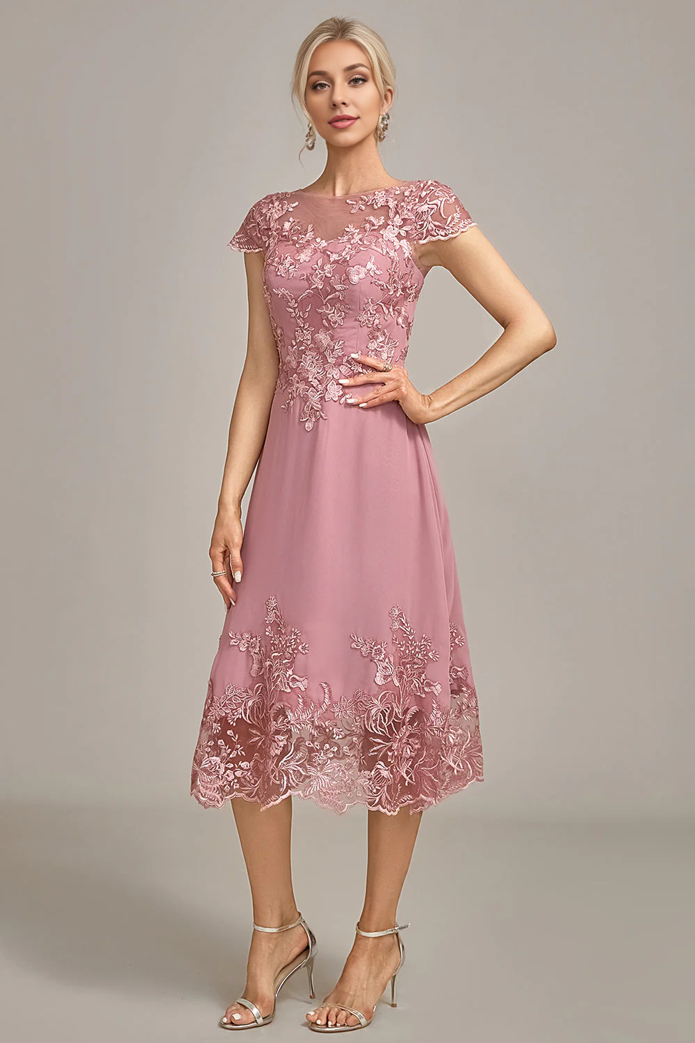 DingJiDress Fashion Dusty Rose A-Line Tea-Length Mother of the Bride Dress With Sequins