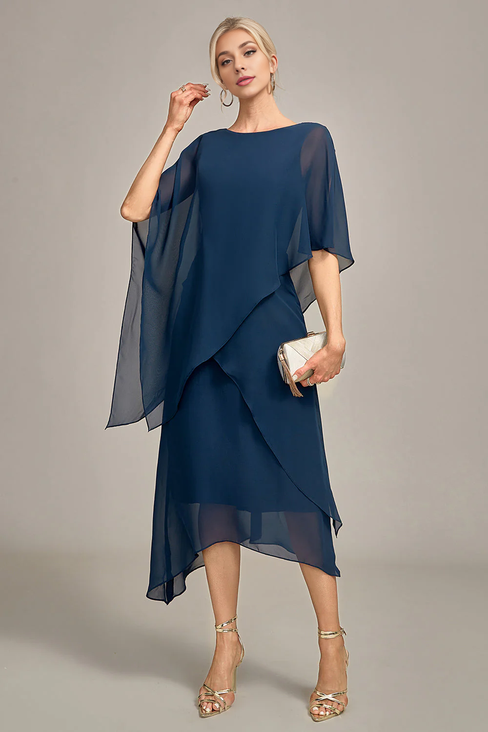 Wholesale Navy Elegant Bridesmaid Dresses A-Line Scoop Neck Chiffon Mother of the Bride Dress