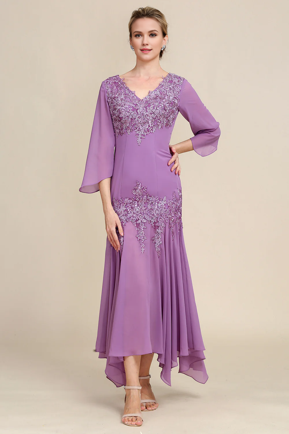 DingJiDress Fashion Bridesmaid Dresses Grey Purple Mermaid Chiffon Mother of the Bride Dress with Lace