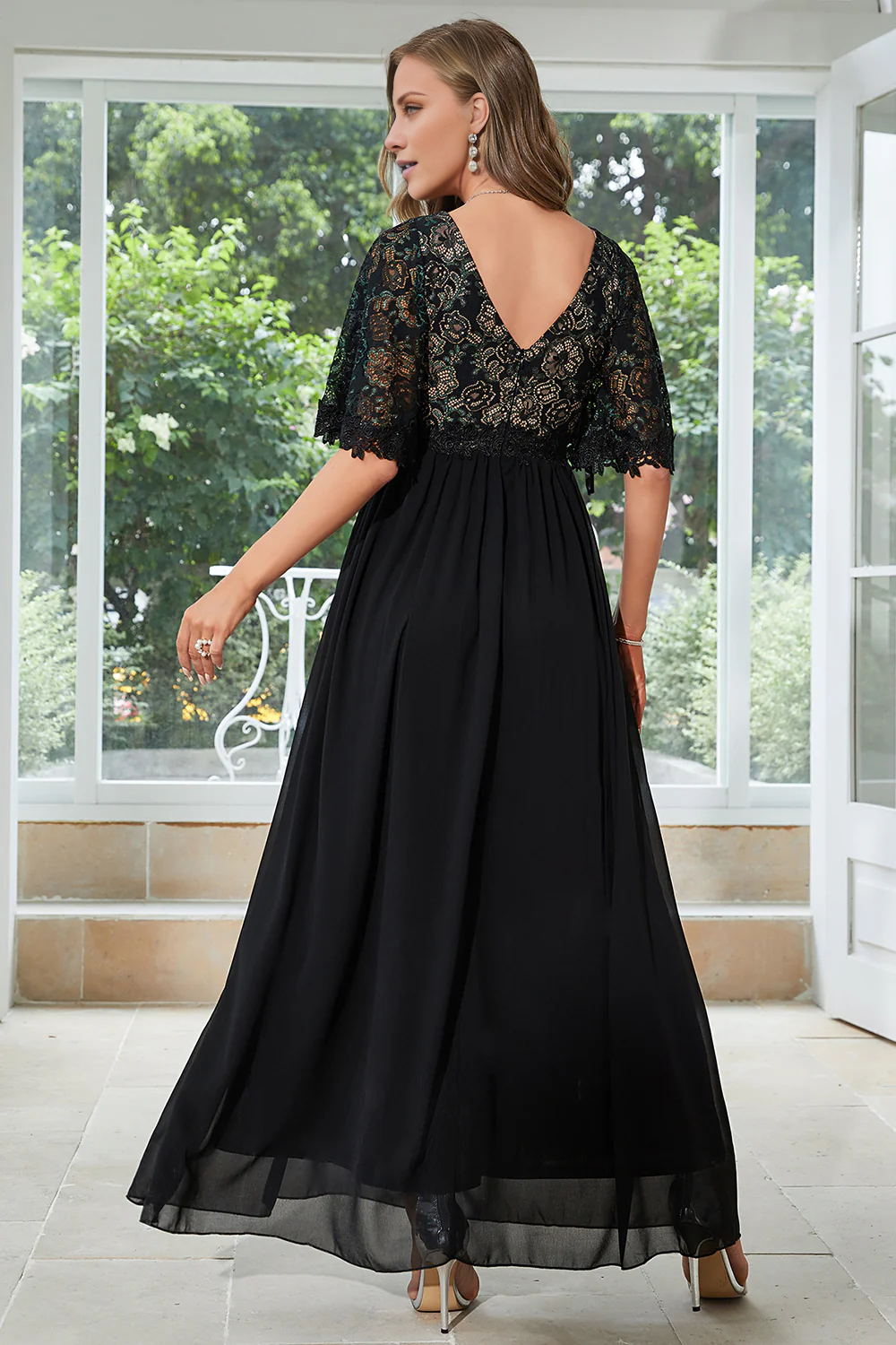 DingJiDress Fall Wedding Guest Dress November Temperament Black A Line V Neck Floor Length Chiffon Embroidered Evening Dress