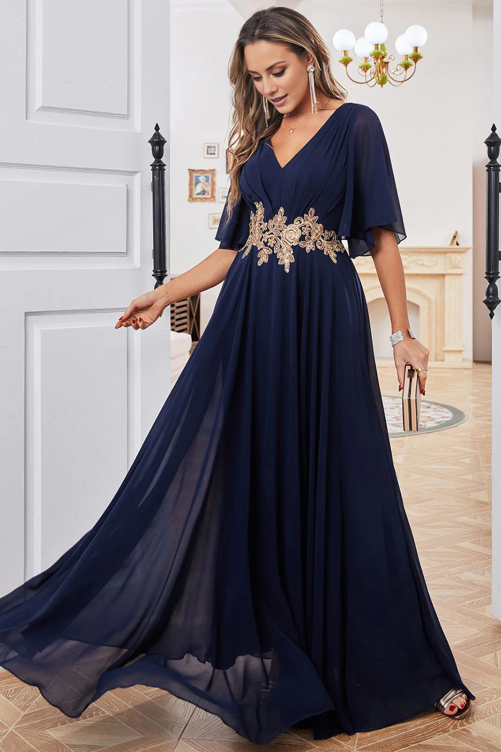 DingJiDress Fall Wedding Guest Dress November Navy A Line V Neck Floor Length Chiffon Evening Dress For Mom