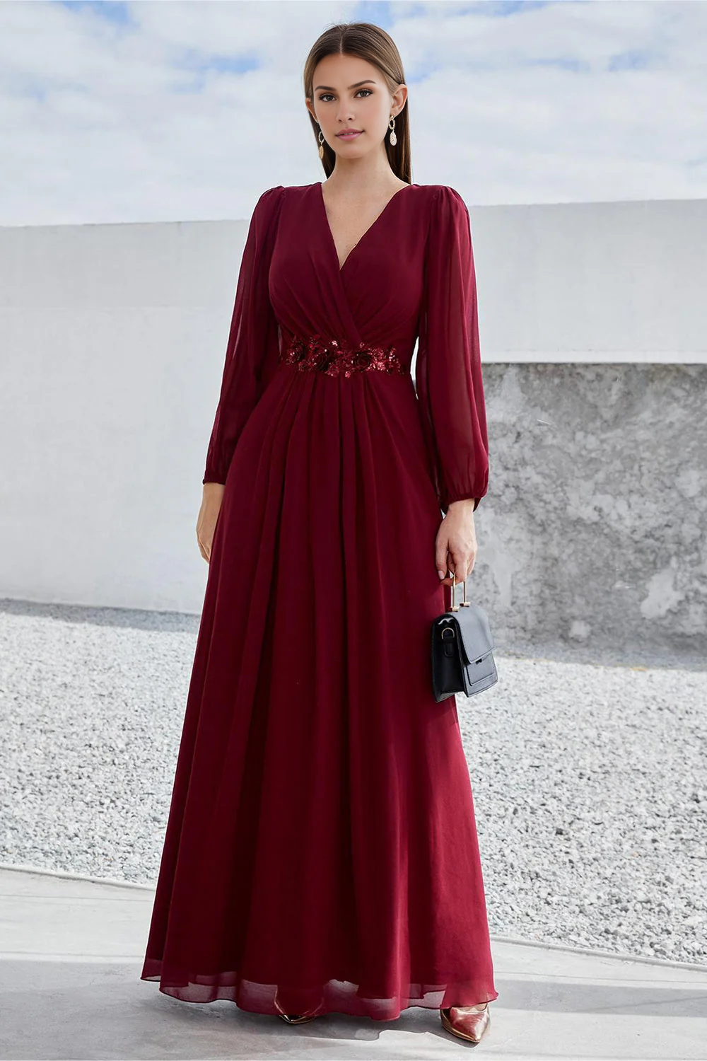 DingJiDress Burgundy A Line Long Sleeves Floor Length Wedding Party Dress Fall Wedding Guest Dress November