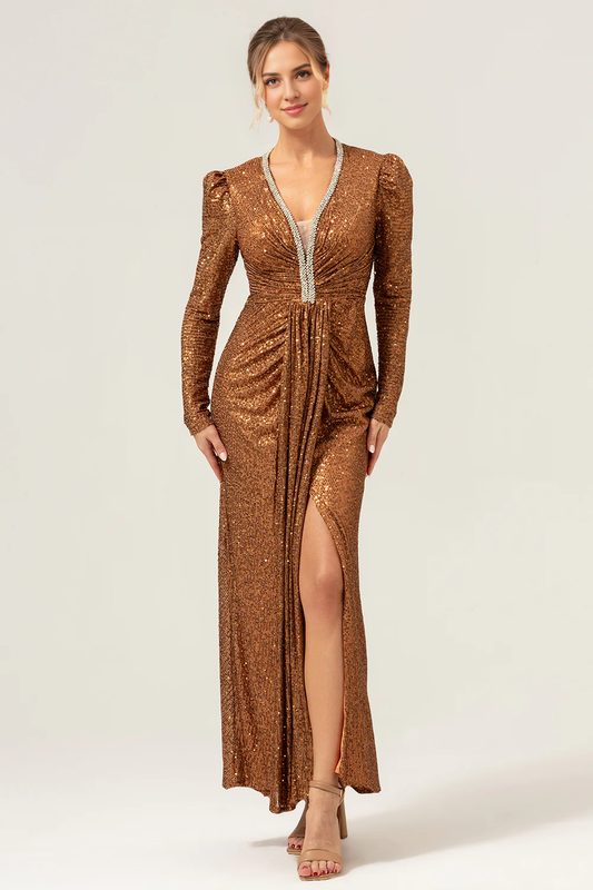 DingJiDress Mother Of Bride Dresses Sparkly Coffee Sheath V-Neck Sequins Long Sleeves Prom Dress with Beading