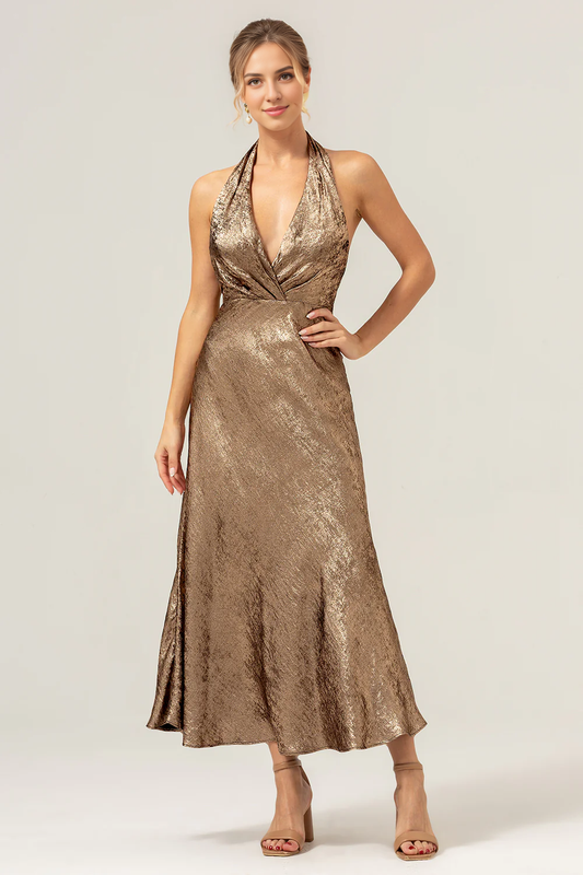 DingJiDress Elegant Mother Of The Bride Dress Golden Mermaid Halter Deep V Neck Tea Length Bridesmaid Dress