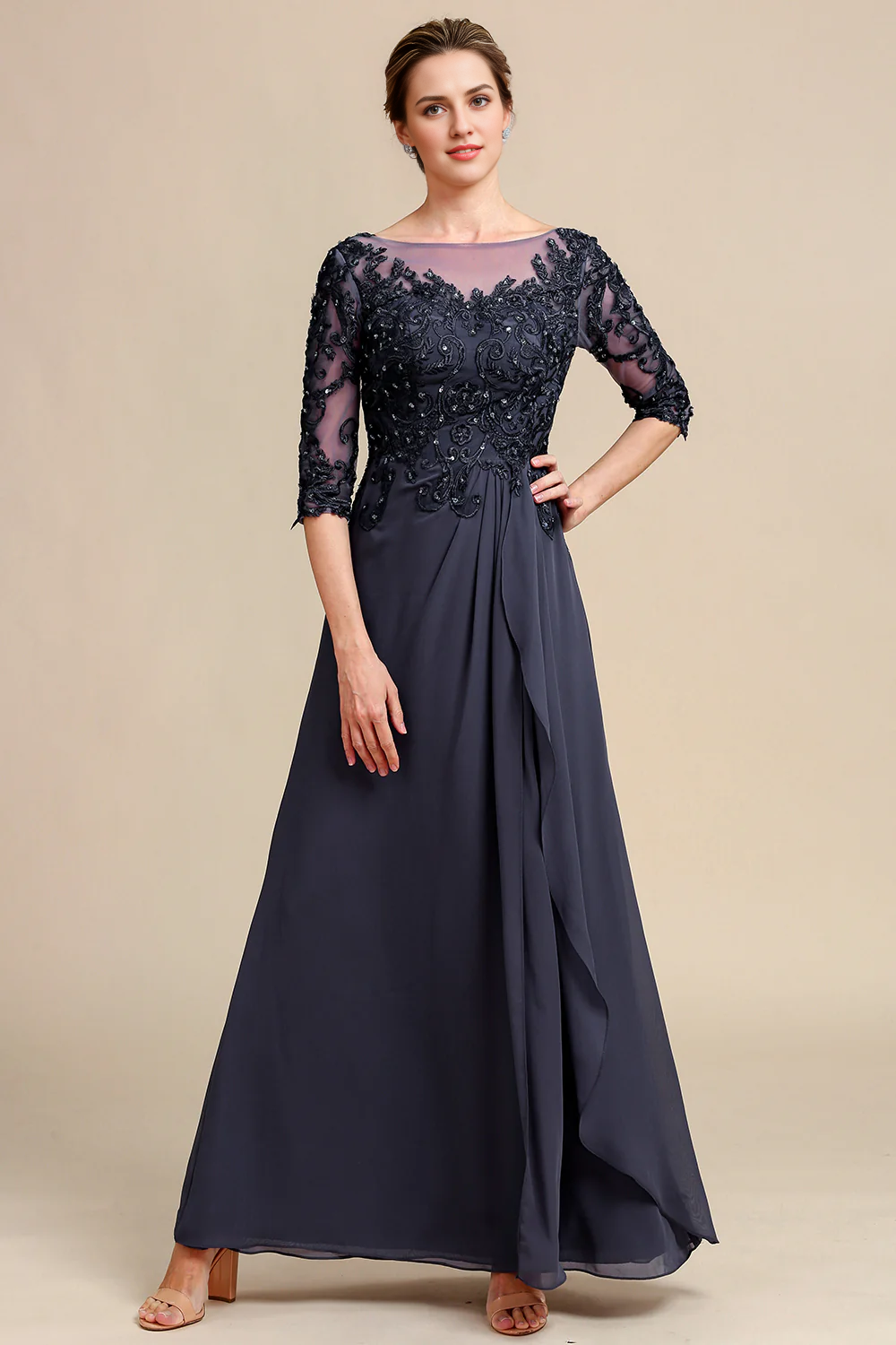 DingJiDress Grey Blue Round Neck A Line Long Chiffon Mother Of Bride Dress With Beading Wedding Dress For Guest