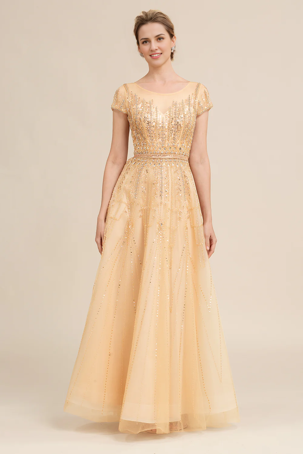 DingJiDress Elegant Formal Women's Dresses Golden A Line Beaded Mother of Bride Dress Wedding Dresses Guest